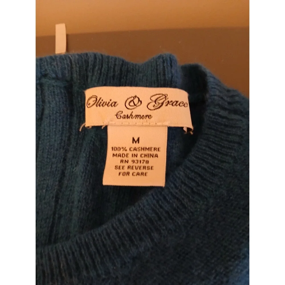 Olivia & Grace Cashmere Sweater Teal Blue Crew Neck Back Zip  Medium FLAWED